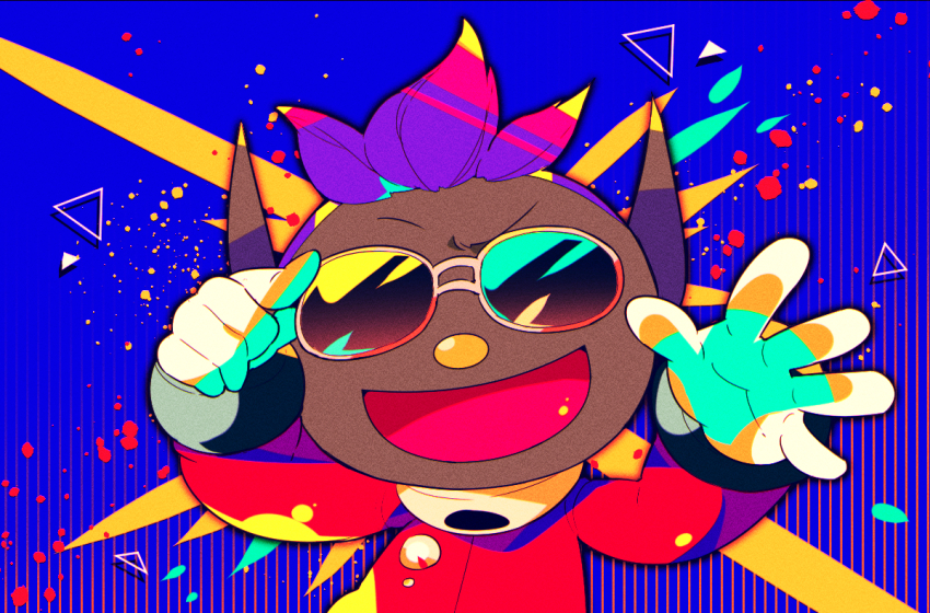 1boy adjusting_eyewear bernard_(pikmin) blue_background colorful dark-skinned_male dark_skin furrowed_brow gauge glasses gloves gradient_background hand_on_eyewear hand_up jumpsuit male_focus nintendo no_headwear opaque_glasses open_mouth palms petals pikmin_(series) pointy_ears purple_hair red_jumpsuit shirushiki short_hair smile solo spacesuit straight-on striped_background sunglasses triangle upper_body very_short_hair wavy_eyebrows white_gloves