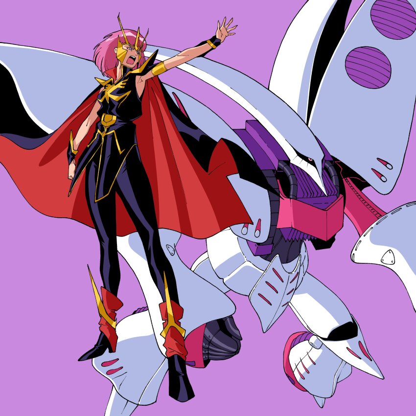 1girl absurdres black_cape cable cape gundam gundam_zz haman_karn headgear highres kawoshiki mecha mecha_focus military_uniform mobile_suit neo_zeon purple_background qubeley robot shouting solo