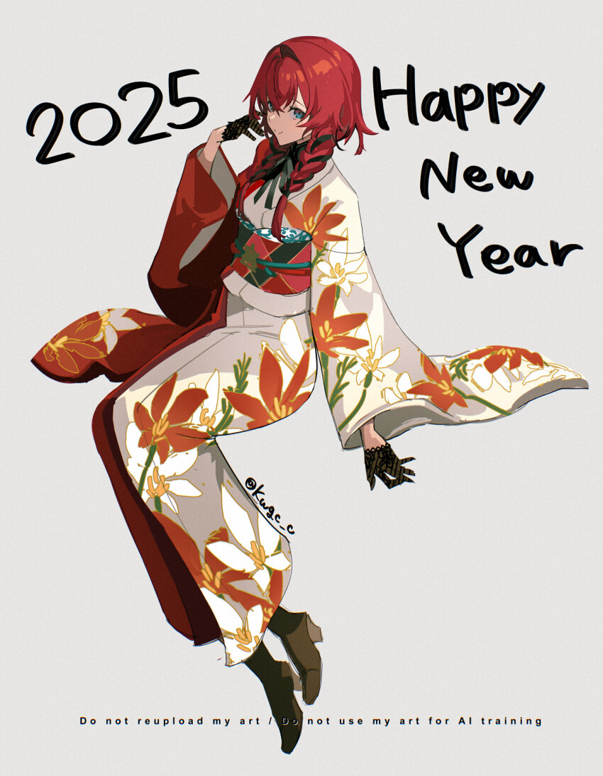 1girl 2025 adjusting_hair ange_katrina ange_katrina_(new_year) black_gloves blue_eyes braid commentary_request double-parted_bangs floating floral_print floral_print_kimono from_above full_body furisode gloves grey_background hair_intakes happy_new_year highres japanese_clothes kawaguchi_(mojacome) kimono lace lace_gloves looking_at_viewer low_twin_braids new_year nijisanji obi obiage obijime official_alternate_costume official_alternate_hairstyle oxfords print_kimono red_hair red_kimono sash simple_background solo string_tie twin_braids twitter_username two-tone_kimono virtual_youtuber white_kimono