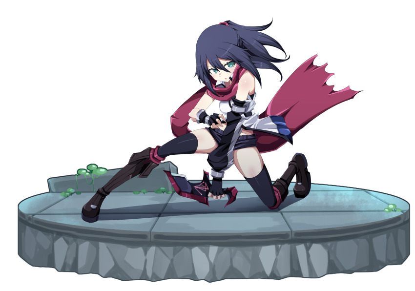 1girl bare_shoulders black_hair blade boots breasts cyan_eyes display fingerless_gloves gloves hair_between_eyes highres kunai ninja kuu_(mizuku2) leggings midriff ninja original ponytail scarf shorts spores tile_floor tiles weapon