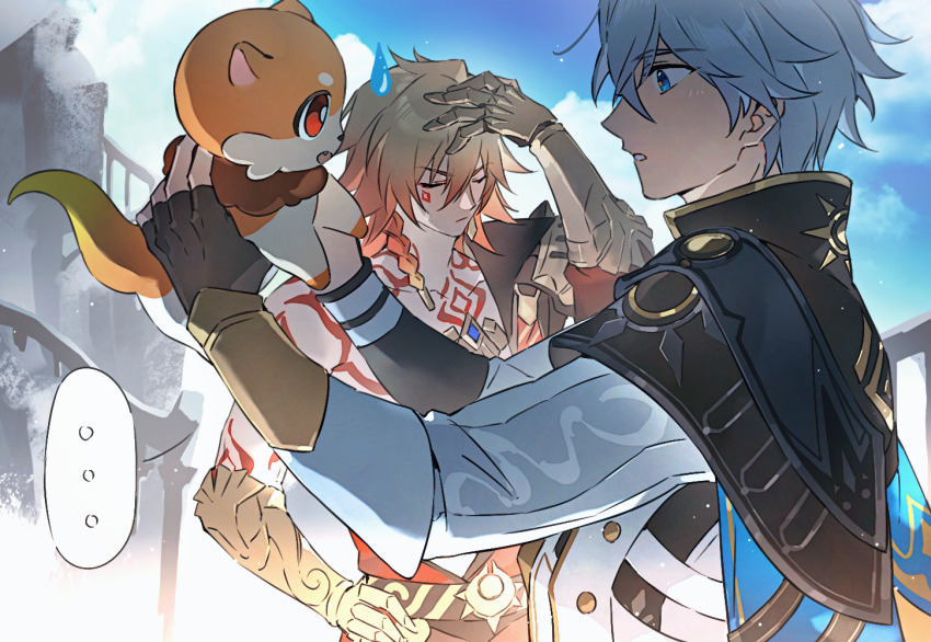 ... 2boys arm_up armlet armor black_coat black_gloves blonde_hair blue_cape blue_eyes blue_sky braid cape chinese_commentary clawed_gauntlets closed_eyes coat commentary_request cup earrings fingerless_gloves gloves gold_earrings gold_necklace gradient_hair hair_between_eyes hand_on_own_head hand_on_own_hip holding holding_cup honkai:_star_rail honkai_(series) jewelry male_focus medium_hair multicolored_hair multiple_boys mydei_(honkai:_star_rail) necklace open_clothes open_coat open_mouth osamu18568716 pauldrons phainon_(honkai:_star_rail) red_hair short_hair shoulder_armor side_braid single_pauldron sky spoken_ellipsis sweatdrop vambraces white_coat white_hair
