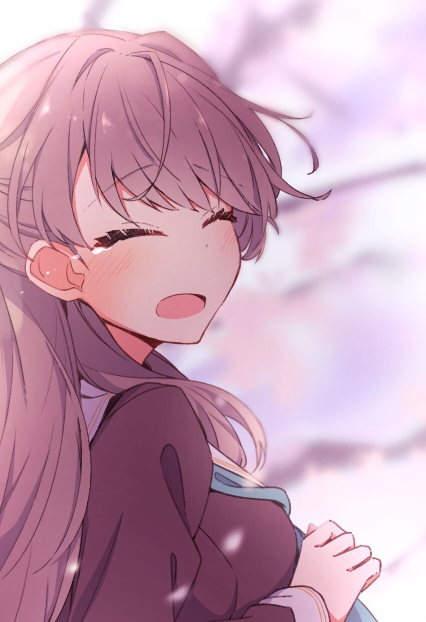 1girl ^_^ amano_mitara aqua_neckerchief blurry blurry_background blush breasts brown_dress brown_hair closed_eyes commentary_request crying dress fujishima_megumi graduation hair_intakes hasu_no_sora_school_uniform highres large_breasts link!_like!_love_live! long_hair long_sleeves love_live! neckerchief open_mouth raised_inner_eyebrows sailor_collar sailor_dress school_uniform solo upper_body virtual_youtuber white_sailor_collar