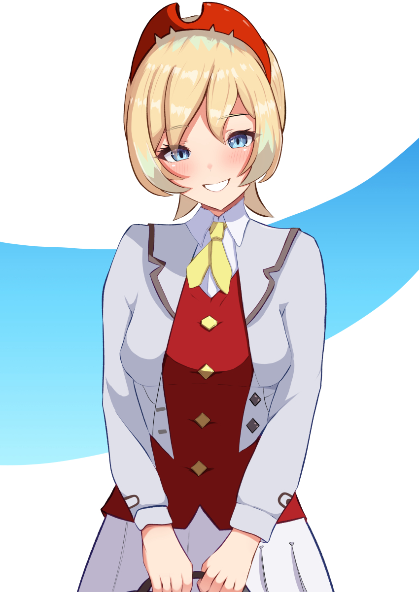 1girl absurdres alternate_costume araaraneko blonde_hair blue_eyes breasts collared_shirt commentary_request eyelashes grey_jacket grin hairband happy highres irida_(pokemon) jacket looking_at_viewer nintendo open_clothes open_jacket pleated_skirt pokemon pokemon_legends:_arceus pokemon_masters_ex red_hairband red_vest school_uniform shirt short_hair skirt smile solo teeth vest white_shirt