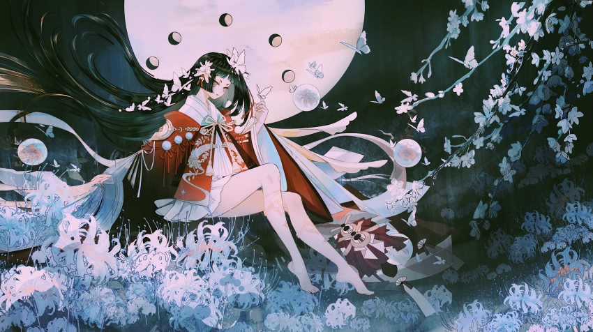 1girl absurdres barefoot black_hair blunt_bangs branch bug butterfly butterfly_hair_ornament butterfly_on_hand floating_hair flower full_body full_moon hair_flower hair_ornament highres insect japanese_clothes long_hair long_sleeves moon moon_phases night original shan_gui_yu_yao solo spider_lily white_butterfly white_flower white_spider_lily wide_sleeves