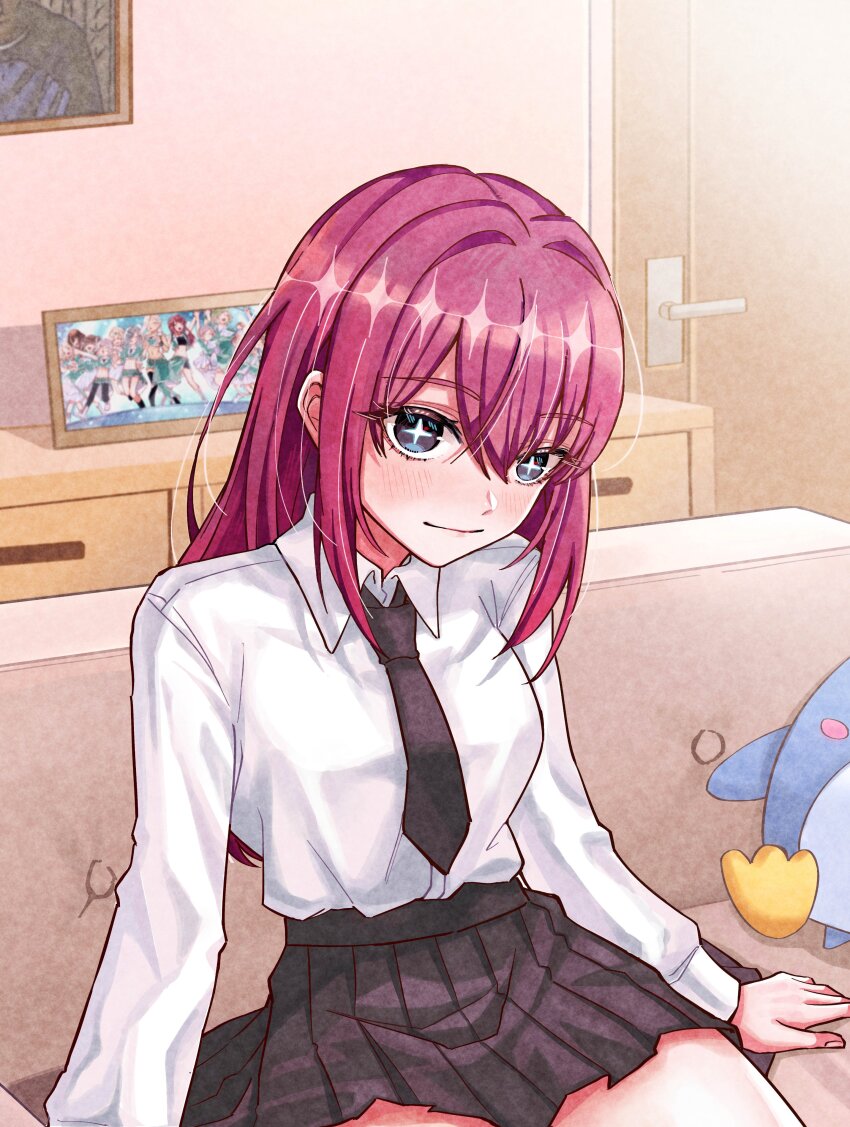 1girl absurdres black_necktie black_skirt brown_eyes couch cowboy_shot doorknob head_tilt highres jjum_pp kimi_no_koto_ga_dai_dai_dai_dai_daisuki_na_100-nin_no_kanojo light_blush light_smile long_hair miniskirt necktie on_couch purple_hair saiki_himeka school_uniform shirt sitting skirt solo star-shaped_pupils star_(symbol) stuffed_animal stuffed_penguin stuffed_toy symbol-shaped_pupils white_shirt