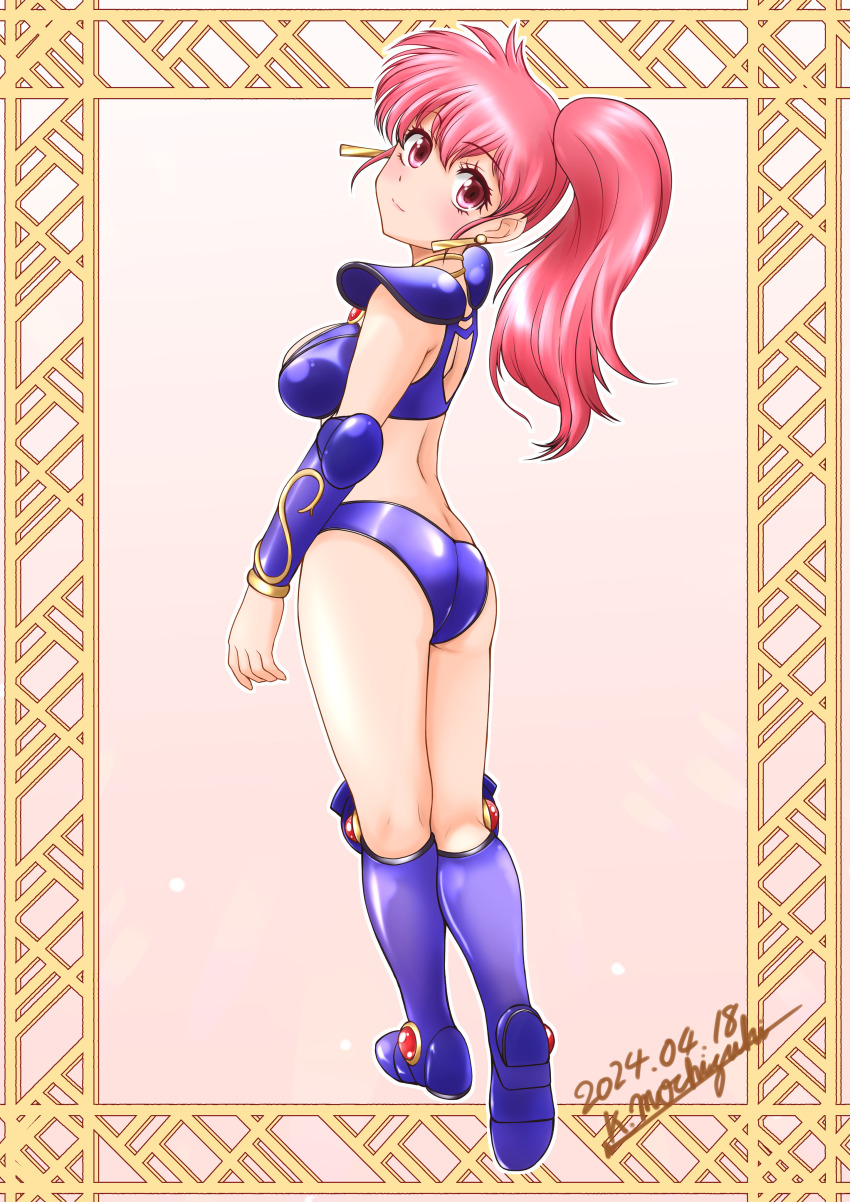 1girl absurdres armor armored_boots asagiri_youko ass back bikini bikini_armor blue_bikini blue_boots boots commentary_request dated gem genmu_senki_leda highres knee_boots long_hair looking_at_viewer looking_back mochizuki_kazuto pauldrons red_eyes red_hair shoe_soles shoulder_armor shoulder_pads side_ponytail solo standing swimsuit vambraces