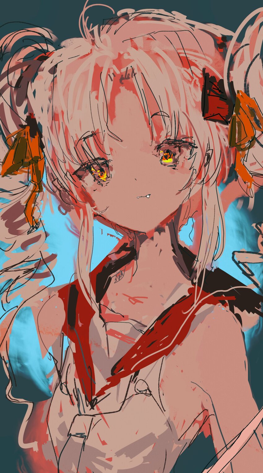 1girl absurdres arms_at_sides blue_background closed_mouth commentary_request drill_hair fang forehead highres kabuyama_kaigi long_hair looking_at_viewer necktie onikko_hunter_tsuina-chan pointy_ears red_sailor_collar sailor_collar shirt simple_background sleeveless sleeveless_shirt smile solo tsuina-chan twin_drills upper_body voiceroid white_necktie white_shirt yellow_eyes