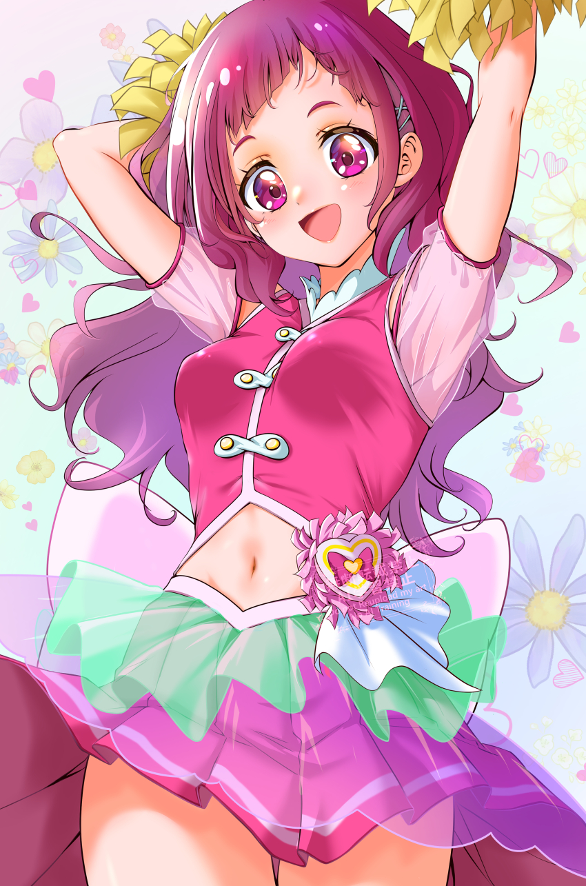 1girl absurdres arms_up blush commentary_request cosplay cropped_shirt cure_yell cure_yell_(cosplay) detached_sleeves floral_background hair_ornament hairclip highres holding holding_pom_poms hugtto!_precure kakikakilemon long_hair magical_girl midriff navel nono_hana open_mouth partial_commentary pink_eyes pink_hair pink_shirt pink_skirt pleated_skirt pom_pom_(cheerleading) pom_poms precure see-through_clothes see-through_sleeves shirt skirt smile solo