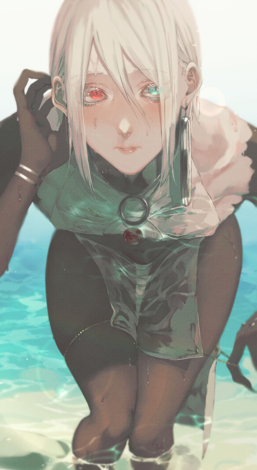 1boy absurdres androgynous beach bent_over blue_eyes blush colored_eyelashes earrings facing_viewer fate/grand_order fate_(series) foreshortening hair_behind_ear hair_between_eyes heterochromia highres jewelry karna_(brahma&#039;s_god_brace)_(fate) karna_(fate) long_eyelashes parted_lips partially_submerged pink_lips red_eyes see-through_clothes sm solo water wet wet_clothes wet_hair white_hair