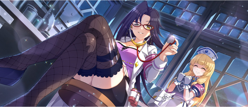 2girls apron armband asymmetrical_sidelocks black_hair black_skirt black_thighhighs blonde_hair blue_dress blunt_bangs breasts camisole cecily_(konosuba) cleavage clipboard closed_eyes closed_mouth collarbone cross-laced_clothes crossed_legs dress earrings fishnet_thighhighs fishnets formal_clothes from_below game_cg glasses gloves hair_tie hand_on_own_thigh hat high_heels highres holding holding_clipboard holding_stethoscope holster indoors infirmary jewelry kono_subarashii_sekai_ni_shukufuku_wo! konosuba!_fantastic_days lab_coat large_breasts light_smile long_hair looking_at_viewer looking_down low-tied_sidelocks low_block_heels melissa_(konosuba) moonlight multiple_girls night nurse nurse_cap official_alternate_costume official_art one_eye_closed parted_bangs parted_lips pink_armband purple_camisole red-framed_eyewear scalpel shade shaded_face sidelocks single_earring sitting skirt skirt_suit smile standing stethoscope suit thigh_holster thighhighs thighs white_apron white_gloves window yellow_eyes zettai_ryouiki