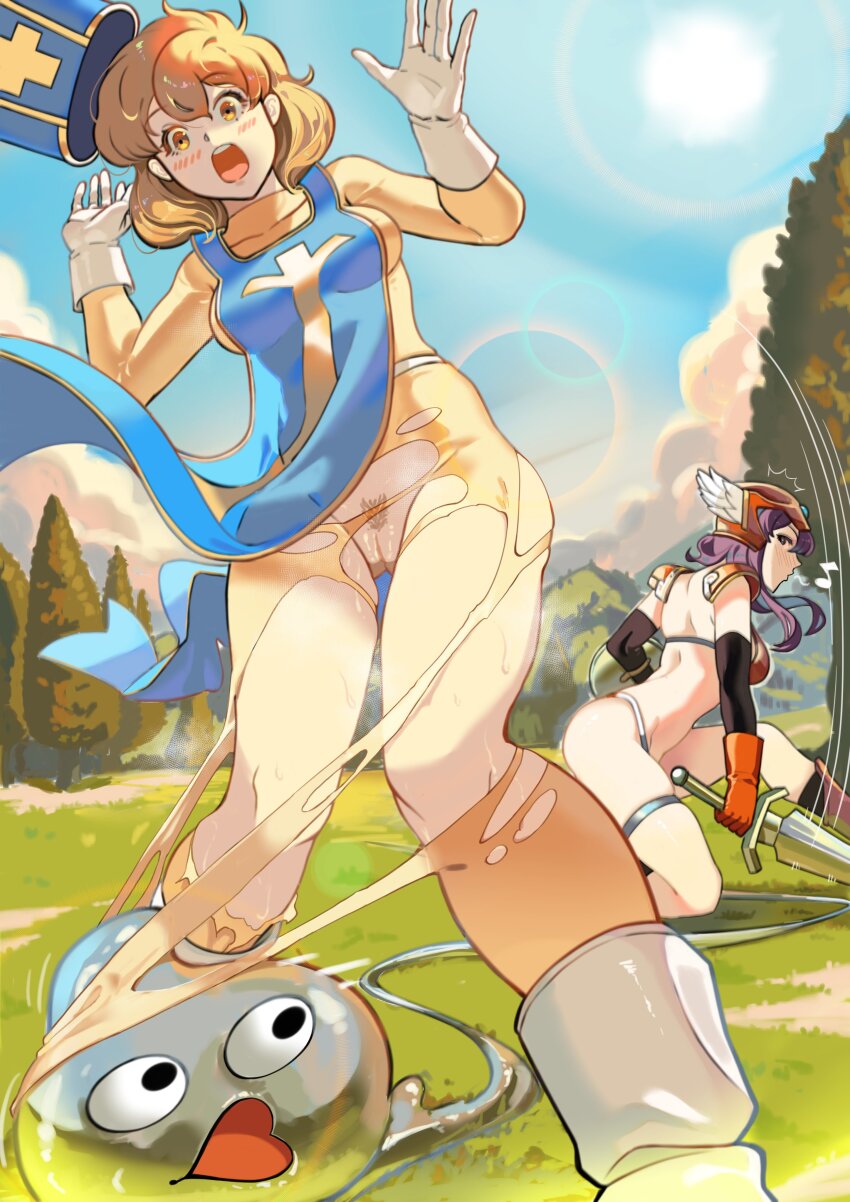 2girls absurdres armor ass back bare_back bare_legs bikini_armor blush bodysuit boots breasts cleft_of_venus commission commissioner_upload crossover dragon_quest dragon_quest_iii female_pubic_hair field fire_emblem fire_emblem:_genealogy_of_the_holy_war from_below gluteal_fold hat helmet highres jewelry lana_(fire_emblem) larcei_(fire_emblem) medium_breasts meme metal_slime motion_lines multiple_girls nintendo open_mouth orange_hair outdoors pauldrons pogchamp_(meme) priest priest_(dq3) pubic_hair purple_hair pussy red_armor shield shoulder_armor signature silver_trim slime_(creature) slime_(dragon_quest) squatting stomach sun swinging sword tabard thighlet torn_bodysuit torn_clothes tree warrior_(dq3) weapon whistling wind wind_lift winged_helmet yusi_vishnu