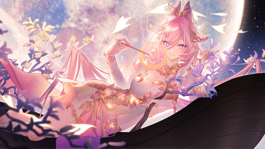 1girl absurdres breasts bridal_gauntlets cleavage closed_mouth covered_navel dress elysia_(honkai_impact) full_moon hair_between_eyes hair_ornament highres holding honkai_(series) honkai_impact_3rd large_breasts long_hair looking_at_viewer lying missing_commentary moon on_branch on_side pink_hair purple_eyes sang_sha second-party_source smile solo very_long_hair white_bridal_gauntlets white_dress