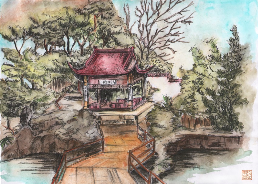 bridge charcoal_(medium) highres huge_filesize no_humans original painting_(medium) scenery shrine traditional_media tree water watercolor_(medium) yuanchosaan