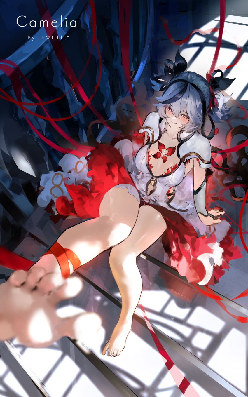 1girl absurdres bare_legs barefoot black_eyes black_flower blake_bloom_(wuthering_waves) breasts camellya_(wuthering_waves) closed_mouth clothing_cutout collar collarbone commentary dress english_commentary feet flower foot_up hair_between_eyes hair_flower hair_ornament hair_vines highres lewdlily66 looking_at_viewer medium_breasts overskirt short_hair smile solo stomach_cutout tacet_mark_(wuthering_waves) toes white_collar white_dress white_hair wuthering_waves