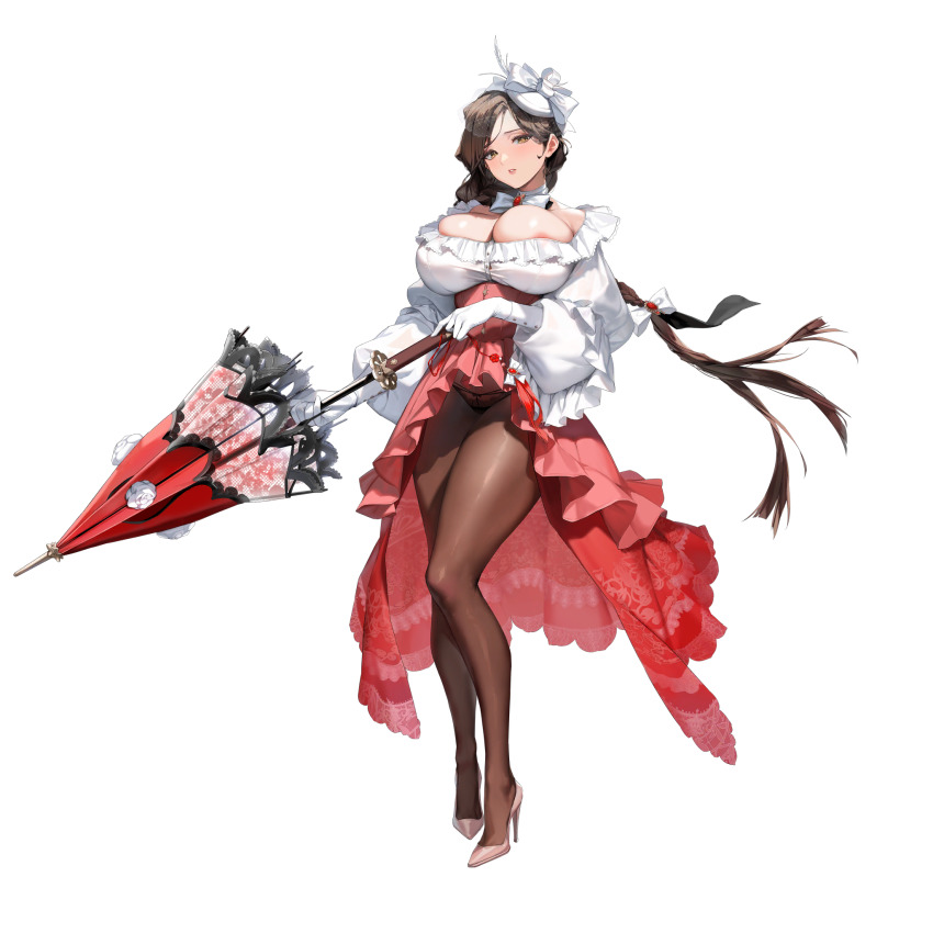 1girl areola_slip armpit_crease black_panties braid breasts brown_hair brown_pantyhose bursting_breasts cleavage collar collarbone corset dress feather_hair_ornament feathers flower frilled_dress frills game_cg gem gloves hair_ornament hair_ribbon hat_feather high-low_dress high_heels highres holding holding_umbrella huge_breasts jewelry keumran_(last_origin) lace lace-trimmed_umbrella lace_panties lace_skirt last_origin layered_skirt long_skirt looking_at_viewer micro_panties neck_ribbon necklace official_alternate_costume official_art panties pantyhose parted_lips pink_shoes pinkmill puffy_sleeves red_corset red_gemstone red_skirt red_umbrella ribbon ribbon-trimmed_panties ribbon_trim rose shoes showgirl_skirt simple_background single_braid skindentation skirt solo standing string_panties tachi-e thick_thighs thighs transparent_background umbrella umbrella_flower underwear veil white_collar white_dress white_feathers white_flower white_gloves white_headwear white_ribbon white_rose yellow_eyes