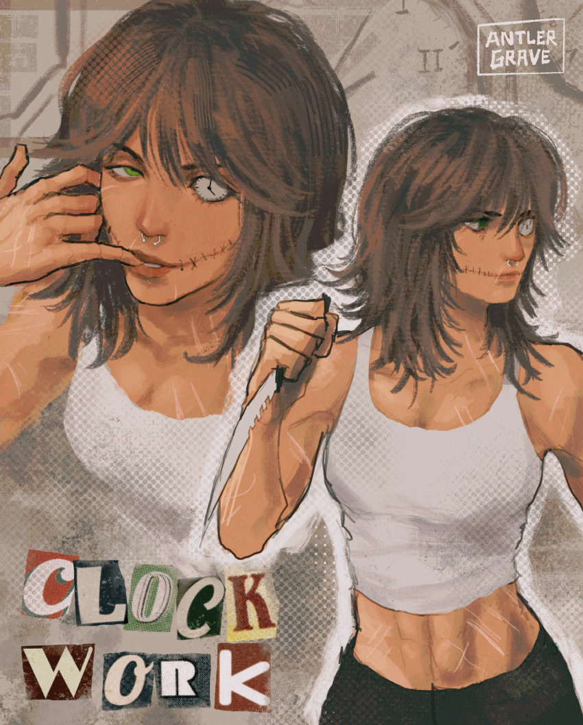 1girl antlergrave artist_name bare_arms bare_shoulders black_pants breasts brown_hair character_name clock clockwork_(creepypasta) closed_mouth collarbone commentary creepypasta english_commentary finger_in_own_mouth glasgow_smile green_eyes grey_background hand_on_own_cheek hand_on_own_face hand_up highres holding holding_knife knife lips looking_at_viewer looking_to_the_side medium_hair midriff multiple_views pants realistic reverse_grip simple_background stitched_mouth stitches tank_top teeth toned toned_female upper_body white_tank_top