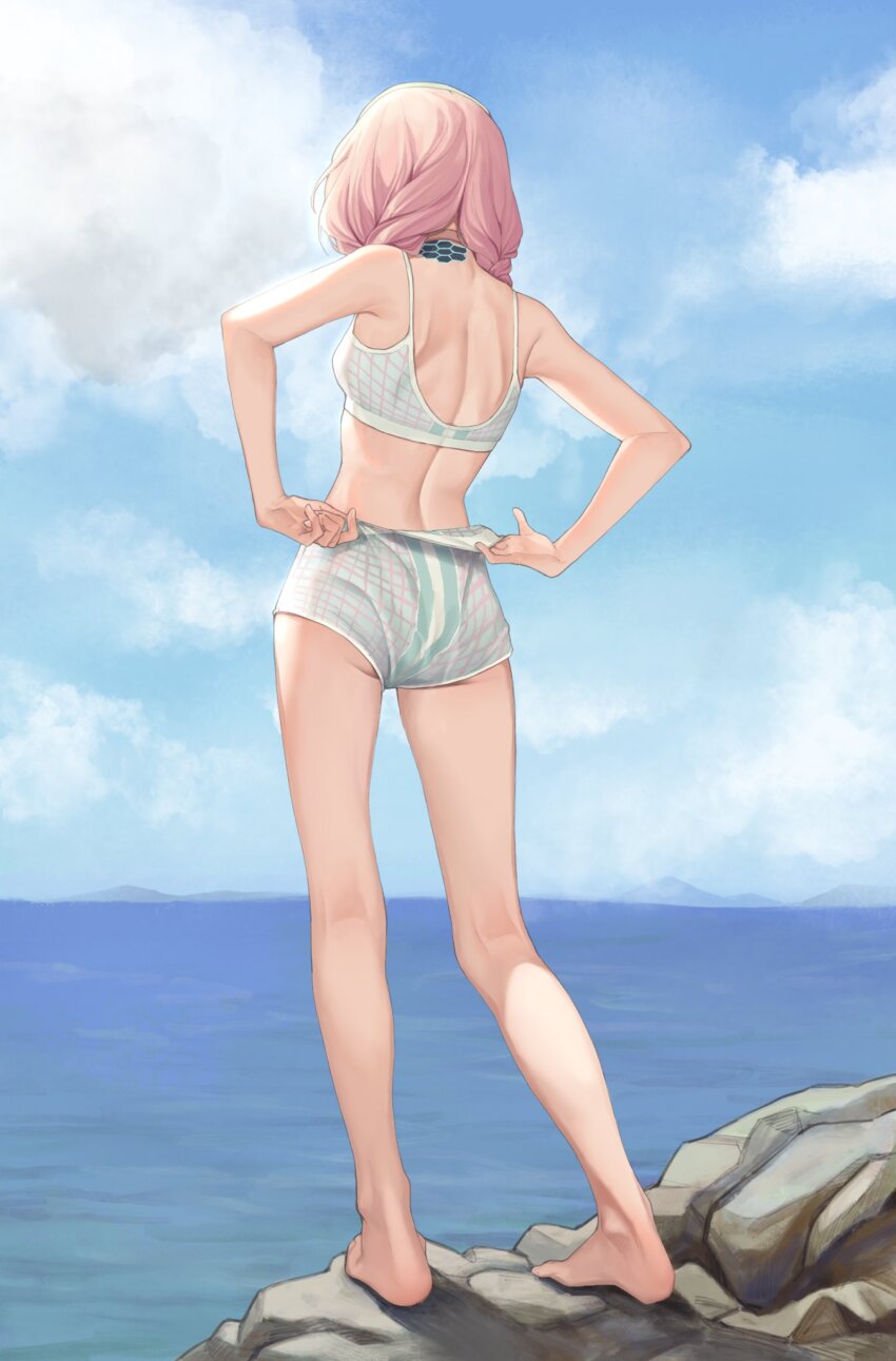1girl arknights ass bare_arms bare_legs bare_shoulders barefoot blue_poison_(arknights) blue_poison_(shoal_beat)_(arknights) blue_sky cloud crop_top cyta_celest day feet from_behind full_body highres legs midriff official_alternate_costume pink_hair rock short_hair short_shorts shorts sky solo spaghetti_strap sports_bra standing thighs toes