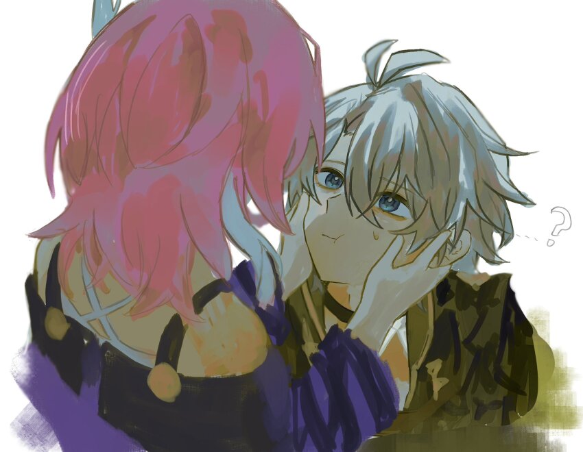 1boy 1girl ? antenna_hair back bare_shoulders black_choker black_shirt blue_eyes choker closed_mouth couple cyrene_(honkai:_star_rail) friends from_behind from_side grey_hair hair_between_eyes hair_ornament hands_on_another&#039;s_cheeks hands_on_another&#039;s_face hetero high_collar highres honkai:_star_rail honkai_(series) leaning_forward leaning_to_the_side looking_at_another looking_down looking_up off_shoulder phainon_(honkai:_star_rail) pink_hair pout purple_shirt shade shirt short_sleeves sweatdrop wavy_hair white_background x431788