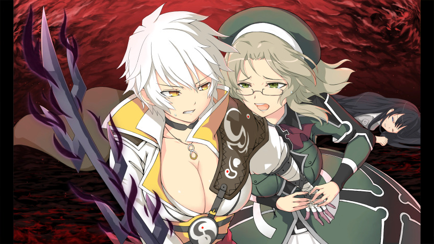 3girls absurdres bandaged_arm bandages beret black_choker black_hair blue_eyes breast_pocket breasts brown_eyes brown_hair choker cleavage clenched_teeth emblem game_cg gessen_academy_school_uniform glasses green_hat grey_shirt hand_grab hat highres holding holding_sword holding_weapon imu_(senran_kagura) japanese_clothes jewelry kimono large_breasts long_hair long_sleeves looking_at_another lying medium_hair military_uniform miyabi_(senran_kagura) multiple_girls necklace non-web_source official_art on_floor on_stomach one_eye_closed open_mouth ouroboros parted_bangs pillarboxed pocket popped_collar red_background ryouki_(senran_kagura) school_uniform senran_kagura senran_kagura_burst senran_kagura_burst_re:newal seven-branched_sword shirt short_hair slit_pupils sweatdrop sword tearing_up teeth weapon white_hair white_kimono yaegashi_nan yellow_eyes