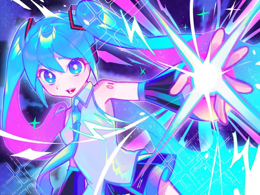aqua_eyes aqua_hair aqua_necktie bare_shoulders black_skirt black_sleeves breasts bright_pupils collared_shirt eyelashes grey_shirt hair_between_eyes halftone halftone_background hatsune_miku highres iro_(mywife_sunny) lightning_bolt_symbol long_hair looking_at_viewer miniskirt multicolored_hair narrow_waist necktie neon_palette number_tattoo open_mouth pink_hair pleated_skirt shirt shoulder_tattoo sidelocks skirt sleeveless sleeveless_shirt small_breasts smile sparkle tattoo twintails two-tone_hair very_long_hair vocaloid white_pupils wide_sleeves