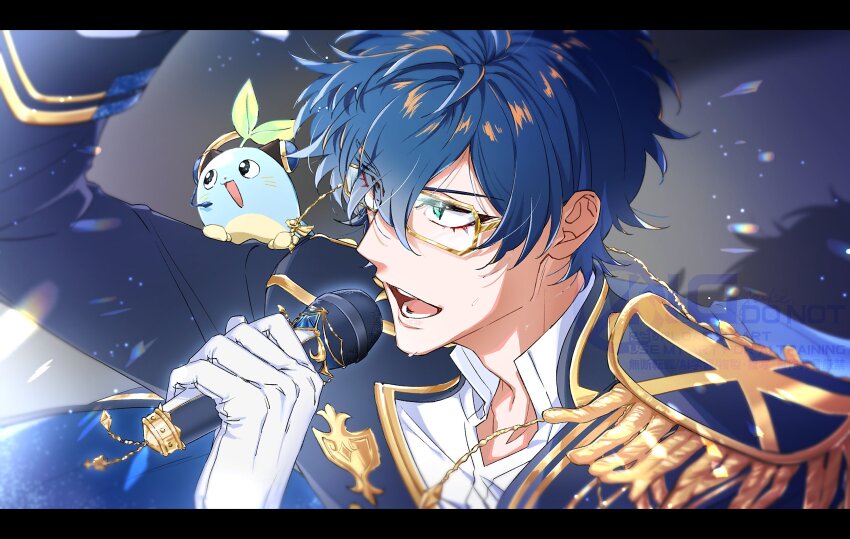 1boy animal animal_on_shoulder aqua_eyes blue_hair epaulettes flying_sweatdrops gagake_v glasses gloves hair_between_eyes headset highres holding holding_microphone leos_vincent letterboxed male_focus mameneko_(leos_vincent) microphone nijisanji nijisanji_idol_uniform open_mouth shirt short_hair single_epaulette sweat teeth upper_body virtual_youtuber white_gloves white_shirt yellow-framed_eyewear