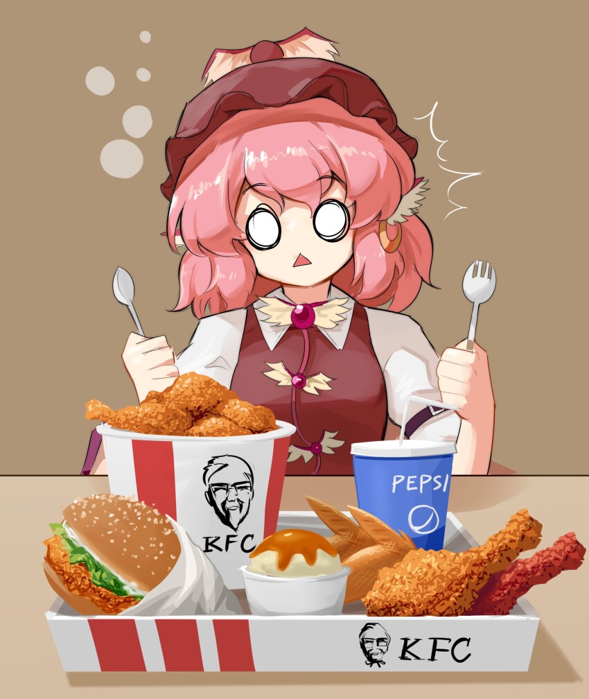 1girl absurdres brown_dress brown_hat bucket_of_chicken burger chicken_(food) collared_shirt dress drink edz_drawz fast_food food food_focus fried_chicken hat head_tilt highres holding holding_spoon holding_spork juliet_sleeves kfc long_sleeves mystia_lorelei o_o pinafore_dress pink_hair puffy_sleeves shirt short_hair sleeve_garter sleeveless sleeveless_dress solo spoon spork surprised table touhou triangle_mouth white_shirt winged_arms wings