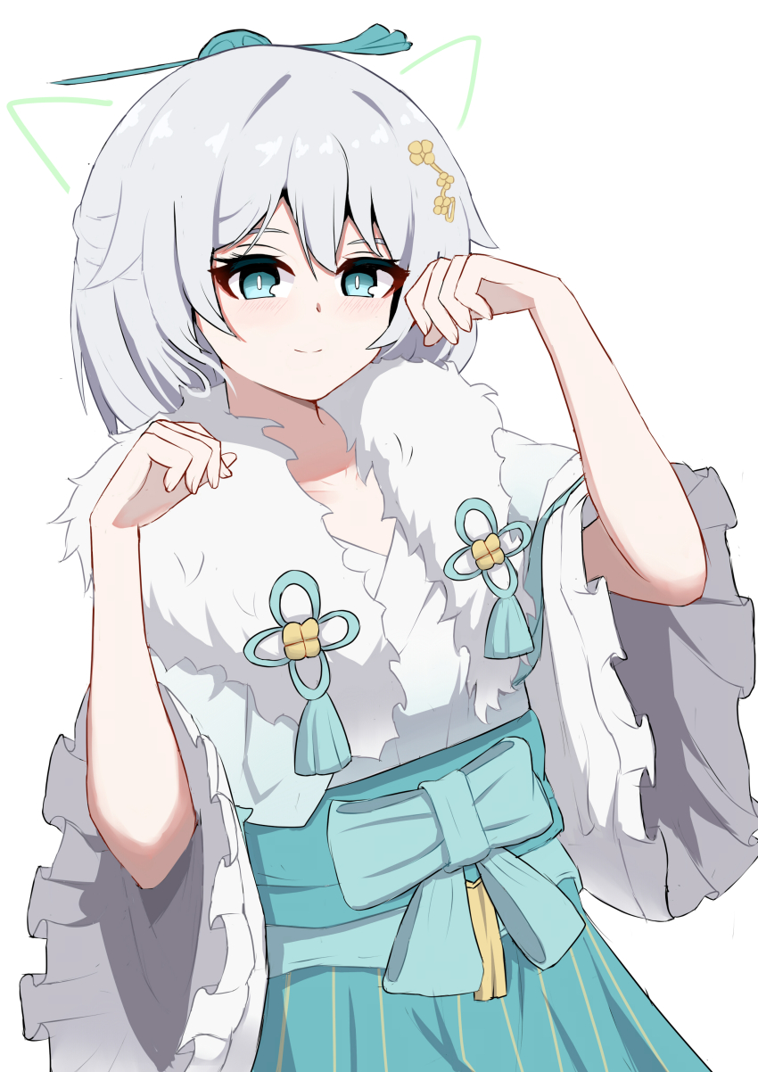 1girl absurdres aqua_bow aqua_bowtie aqua_eyes aqua_skirt bow bowtie bright_pupils chinese_clothes closed_mouth commentary cowboy_shot drawn_ears hair_ornament hands_up highres honkai_(series) honkai_impact_3rd light_blush looking_at_viewer marin_liekuriva paw_pose shirt simple_background skirt smile solo theresa_apocalypse white_background white_hair white_pupils white_shirt wide_sleeves zhuge_kongming_(honkai_impact)