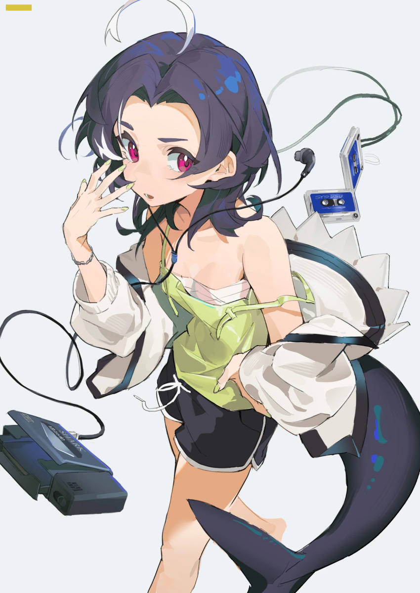 1girl ahoge black_hair black_shorts breasts camisole cassette_player cassette_tape chest_sarashi chinese_commentary commentary_request dolphin_shorts earphones fins fish_tail green_nails green_shirt grey_background hand_on_own_hip hand_up highres long_sleeves looking_at_viewer medium_hair multicolored_hair off_shoulder open_mouth original purple_eyes sarashi shark_tail shirt shorts simple_background small_breasts solo streaked_hair tail walking white_hair zhoudi