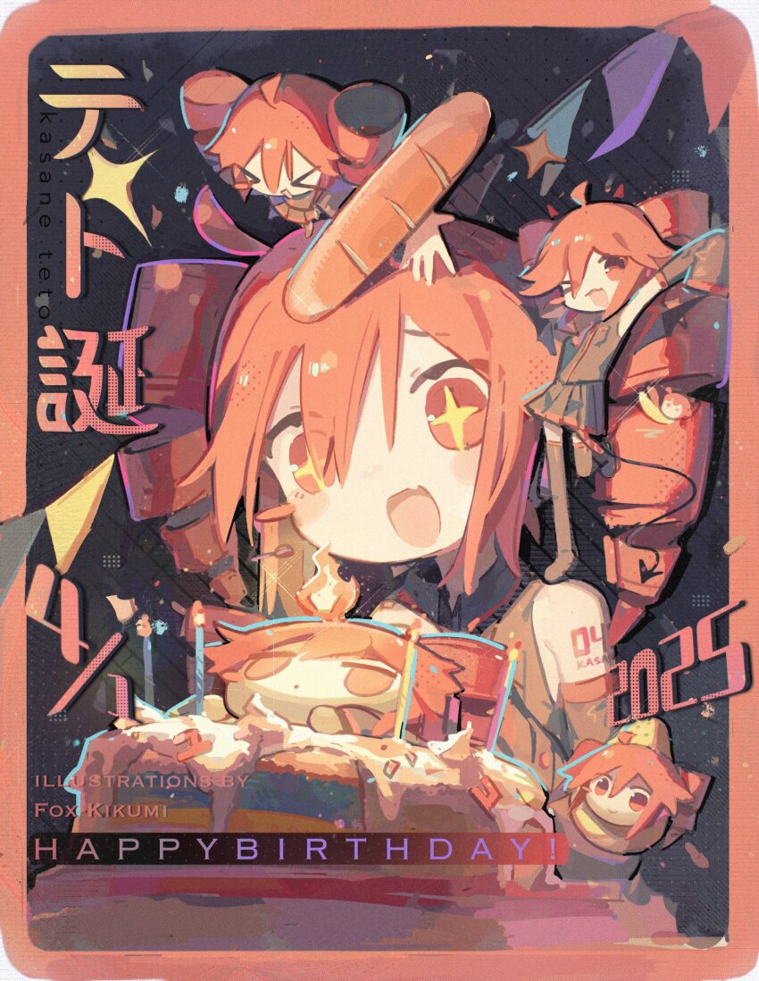 ahoge birthday black_background black_shirt black_sleeves blush cake candle clone collared_shirt detached_sleeves drill_hair dual_persona fang food fox_kikumi hair_between_eyes happy_birthday highres kasane_teto kasane_teto_(utau) mini_person open_mouth pearto red_eyes red_hair shirt skin_fang sleeveless sleeveless_shirt star-shaped_pupils star_(symbol) symbol-shaped_pupils twin_drills utau wing_collar