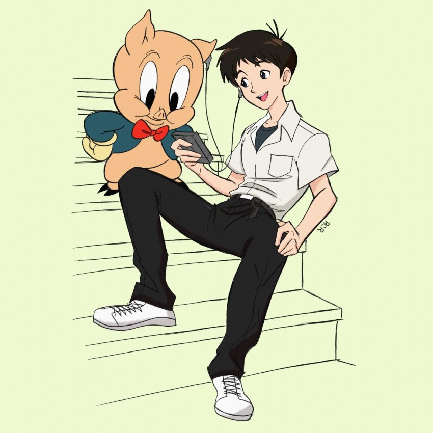 2boys belt black_pants bow crossover friends happy headphones ikari_shinji looney_tunes multiple_boys neon_genesis_evangelion open_mouth pants pig porky_pig rafacr_28 red_bow school_uniform smile teeth tokyo-3_middle_school_uniform white_footwear