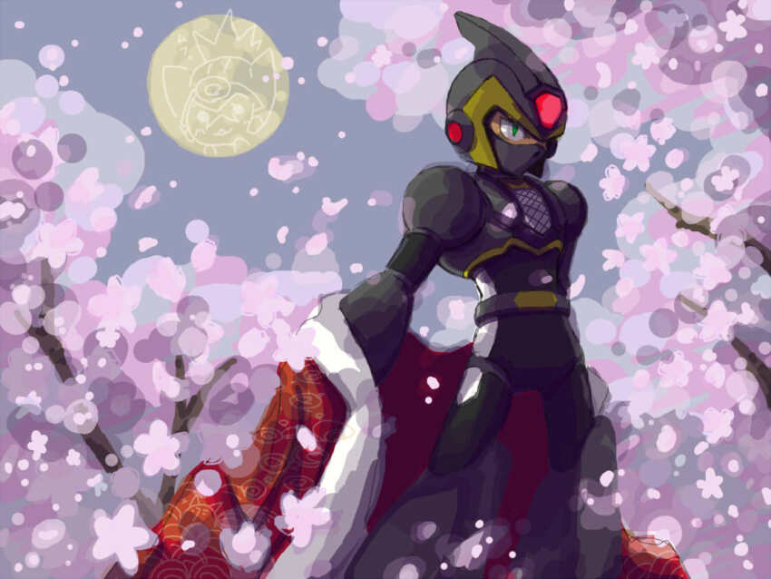 1boy android armor axl_(mega_man) belt black_armor black_belt black_helmet bodystocking cherry_blossoms facing_to_the_side fishnet_bodystocking fishnets forehead_jewel full_moon green_eyes haori helmet humanoid_robot japanese_clothes looking_to_the_side maikeru mask mega_man_(series) mega_man_x6 mega_man_x_(series) moon mouth_mask ninja ninja_mask red_haori robot shadow_armor_x_(mega_man) solo x_(mega_man)