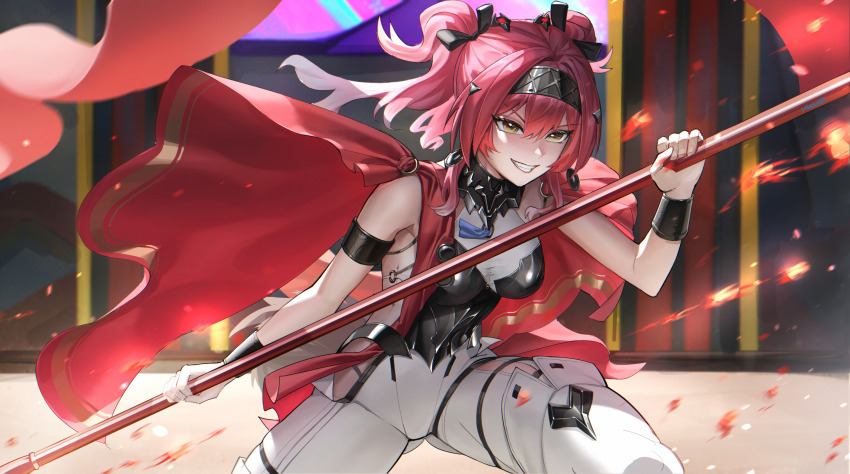 1girl armlet armor bare_shoulders black_bow bodysuit boots bow breastplate collar commentary earrings english_commentary grin hair_between_eyes hair_bow hair_ornament hairband highres holding holding_polearm holding_weapon iqbqlz jewelry long_hair lupa_(wuthering_waves) metal_collar metal_hairband multiple_hair_bows pink_hair polearm red_sash sash smile solo thigh_boots two-handed v-shaped_eyebrows weapon white_bodysuit white_boots wrist_guards wuthering_waves yellow_eyes