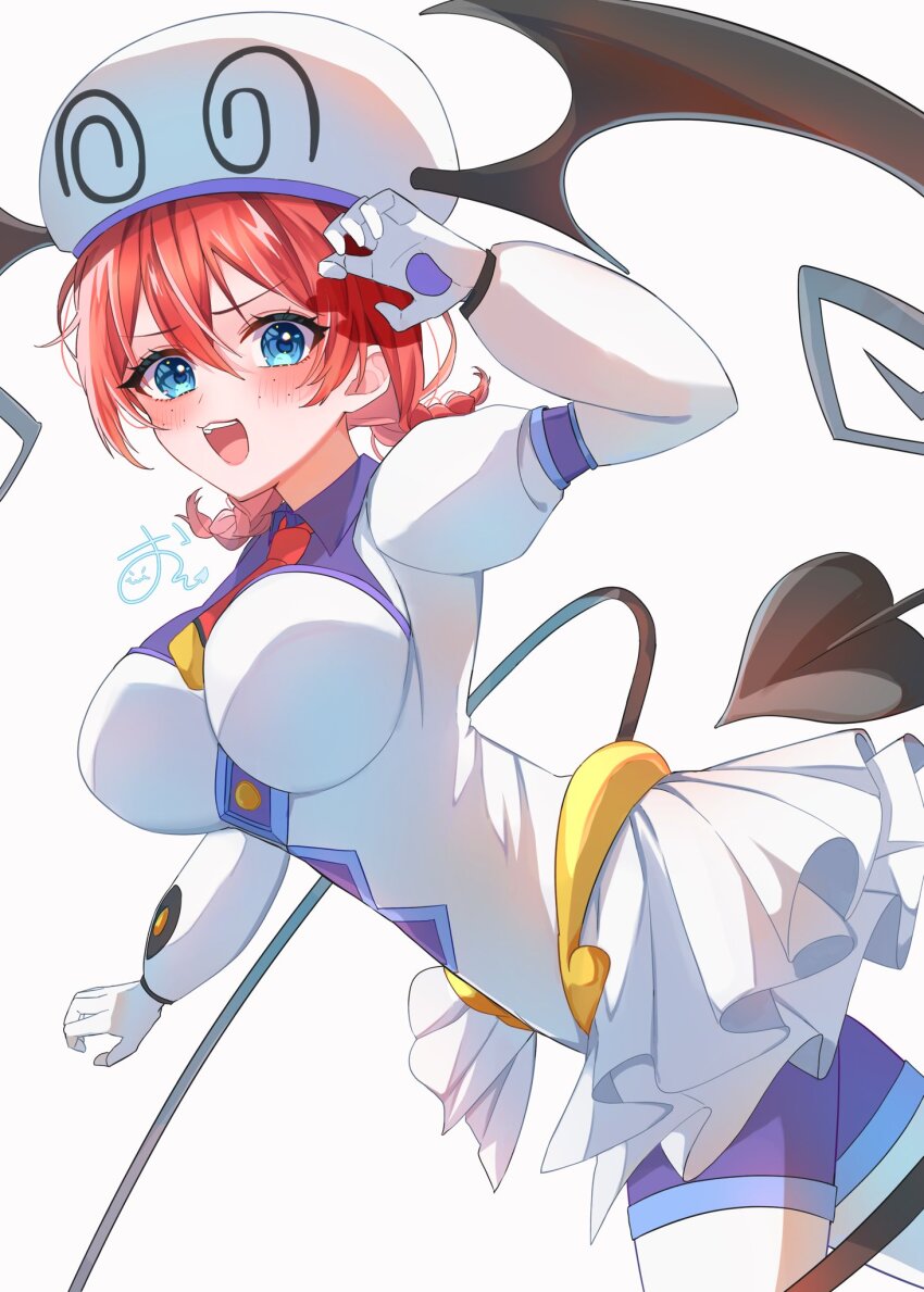 1girl alt_text blue_eyes blush bodysuit braid breasts claw_pose collared_bodysuit commentary_request cosplay cowboy_shot demon_tail detached_sleeves emma_verde freckles frilled_leotard frills gloves hat highres lala_satalin_deviluke lala_satalin_deviluke_(cosplay) large_breasts large_hat leotard love_live! love_live!_nijigasaki_high_school_idol_club low_twin_braids medium_hair necktie open_mouth osora_dao puffy_short_sleeves puffy_sleeves purple_bodysuit red_hair red_necktie short_sleeves simple_background skin_tight solo tail to_love-ru twin_braids white_background white_gloves white_hat white_leotard white_sleeves winged_hat