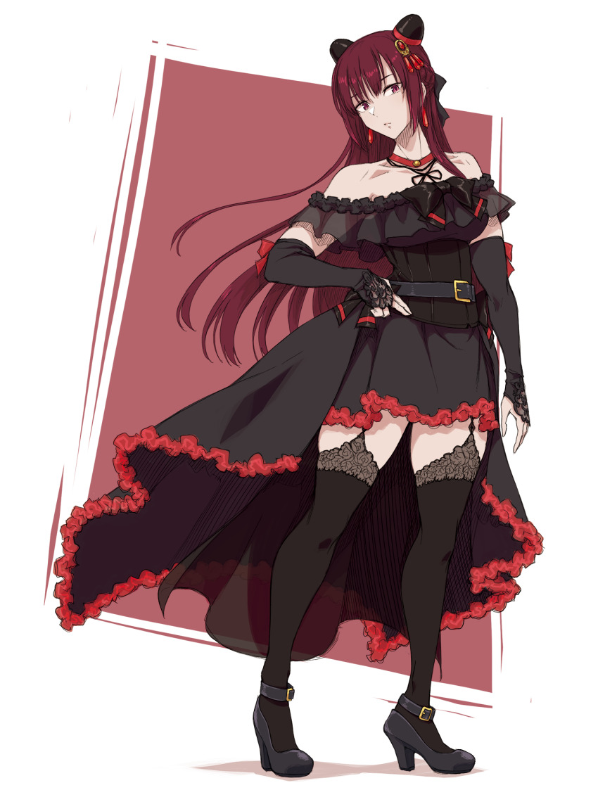 1girl ankle_strap arm_at_side assault_lily bare_shoulders black_bow black_dress black_ribbon black_shoes black_sleeves black_thighhighs bow breasts choker closed_mouth collarbone commentary_request dated_commentary detached_sleeves dress dress_bow earrings floral_print frilled_dress frills full_body gem gozen_(assault_lily) hair_ornament hairpods hand_on_own_hip head_tilt high_heels highres jewelry long_hair long_sleeves looking_at_viewer mabuta_kayumi medium_breasts neck_ribbon off-shoulder_dress off_shoulder pink_eyes print_thighhighs red_background red_bow red_choker red_gemstone red_hair ribbon see-through_clothes shoes short_sleeves sidelocks sleeve_bow sleeves_past_wrists solo standing strappy_heels thighhighs two-tone_background underbust very_long_hair white_background