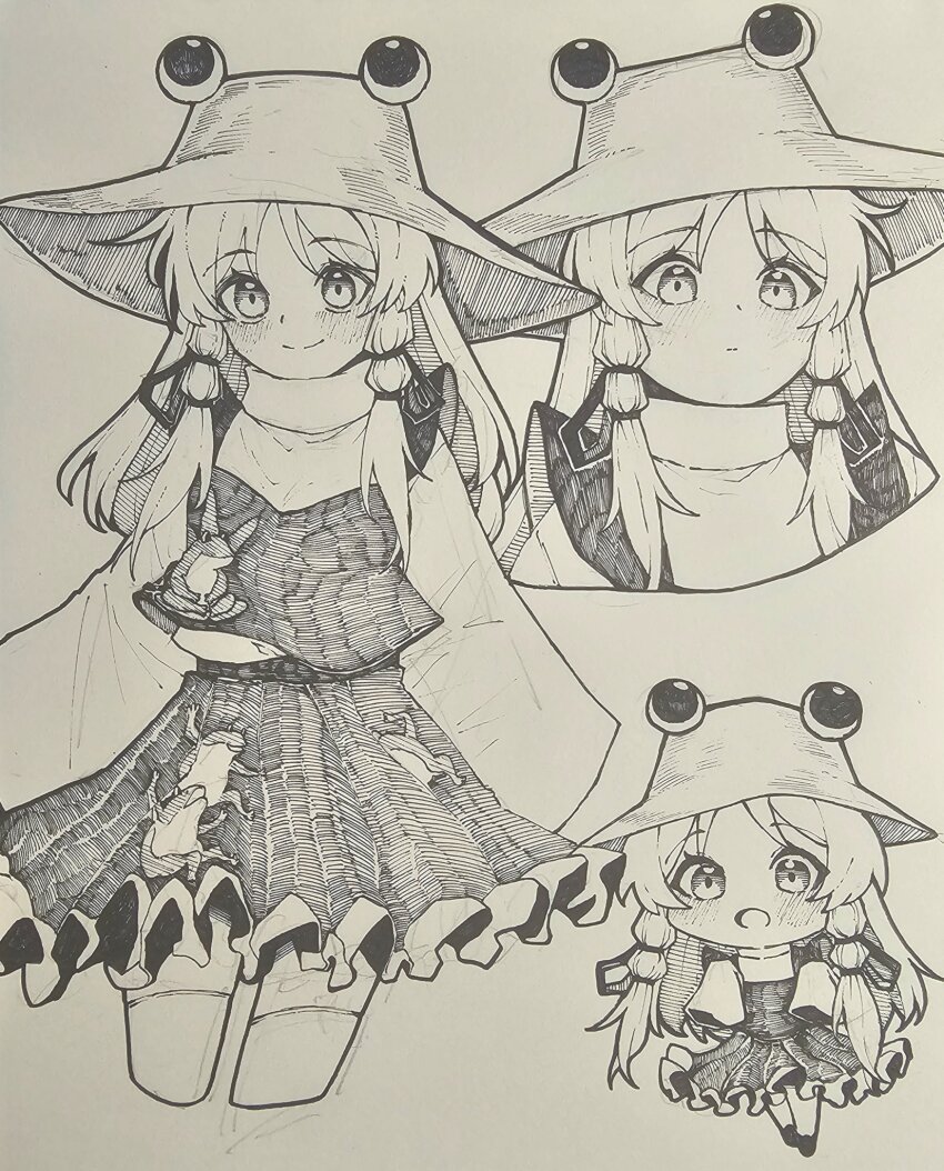 1girl chibi epeulu_(ate5424) hat highres monochrome moriya_suwako multiple_views smile touhou traditional_media