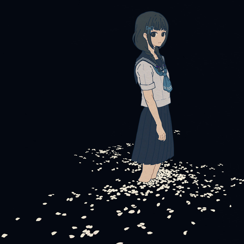 1girl amemori_sayo arms_at_sides black_background black_eyes black_sailor_collar black_skirt blue_neckerchief braid feet_out_of_frame from_side hair_over_shoulder high-waist_skirt highres long_hair looking_at_viewer low_twin_braids neckerchief nijisanji nkymyura petals pleated_skirt sailor_collar shirt short_sleeves sidelocks simple_background skirt solo standing twin_braids virtual_youtuber wading white_shirt