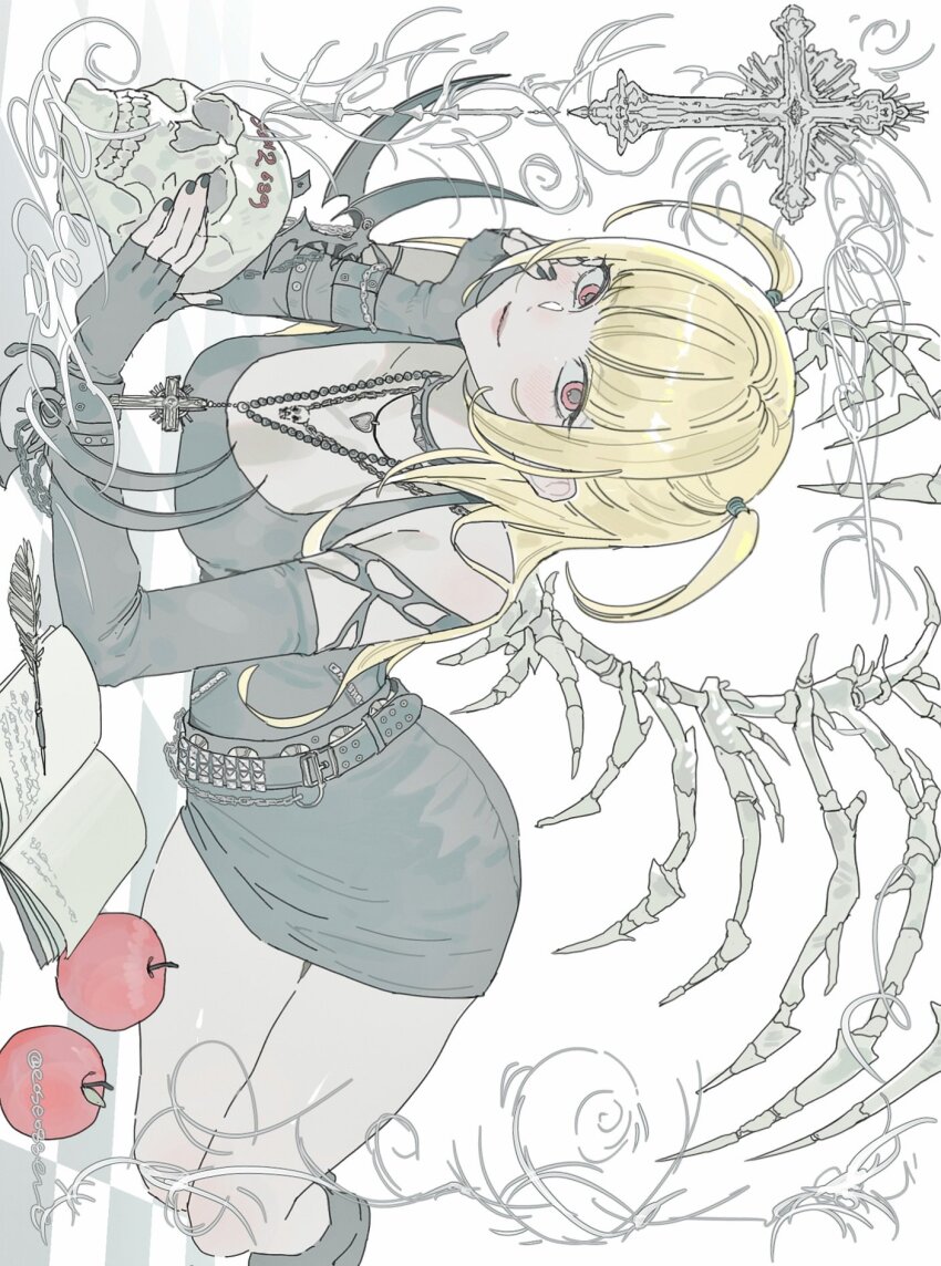 1girl amane_misa apple belt black_belt black_dress black_gloves black_nails blonde_hair blunt_bangs book breasts closed_mouth cross cross_necklace death_note dress elbow_gloves elbow_rest eoseo88 fingerless_gloves food fruit gloves head_rest heart heart_necklace highres jewelry long_hair looking_at_viewer lying medium_breasts multiple_necklaces nail_polish necklace on_stomach open_book quill red_eyes sidelocks skeletal_wings skull skull_necklace smile solo two_side_up white_background wings