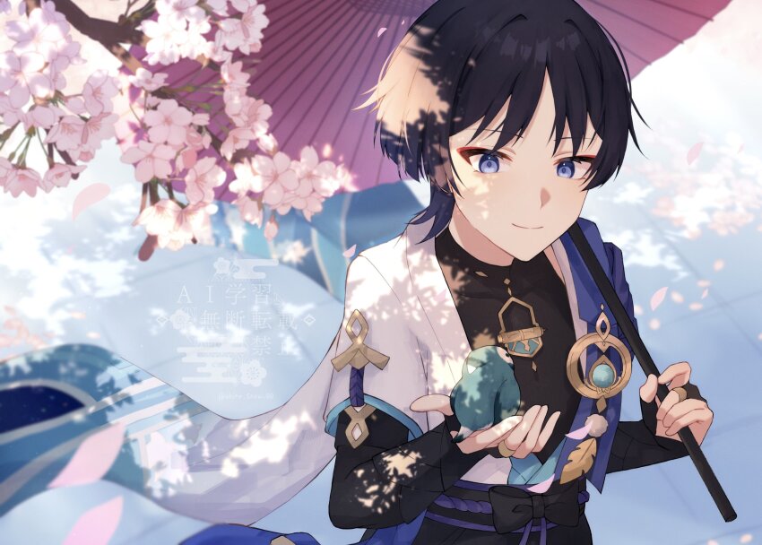 1boy armor belt bird bird_on_hand black_belt black_bodysuit black_bow black_bridal_gauntlets black_hair blue_gemstone blue_kimono blue_sleeves blunt_ends bodysuit bow bridal_gauntlets cherry_blossoms closed_mouth covered_collarbone eyeliner eyeshadow falling_petals feathers finch furisode gem genshin_impact gold_ring han&#039;eri hands_up highres japanese_armor japanese_clothes kimono kote kurokote layered_kimono layered_sleeves looking_at_animal makeup male_focus middle_ring oil-paper_umbrella open_clothes open_hand open_kimono outdoors petals pink_petals pink_umbrella pom_pom_(clothes) purple_eyes purple_rope purple_sash red_eyeliner red_eyeshadow rope sash scaramouche_(genshin_impact) short_sleeves shoulder_peek smile solo tile_floor tiles tsurime turtleneck turtleneck_bodysuit twitter_username umbrella upper_body vision_(genshin_impact) wanderer_(genshin_impact) watermark white_kimono white_sleeves white_snow_00 yellow_feathers