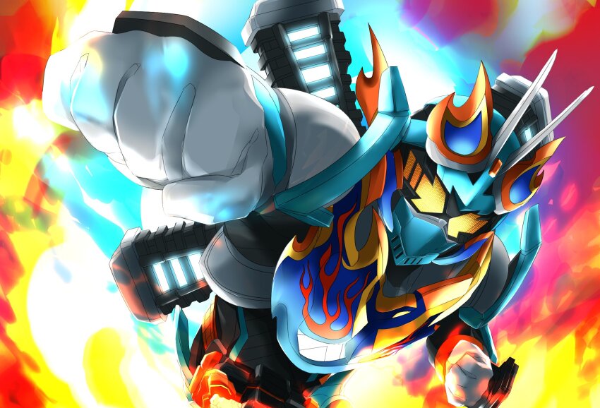 1boy antennae armor black_bodysuit blue_armor blue_fire bodysuit bug clenched_hands commentary fire flame_print foreshortening gloves glowing glowing_eyes goggles goggles_on_head gotcha_driver grasshopper highres incoming_attack insect kamen_rider kamen_rider_fire_gotchard kamen_rider_gotchard kamen_rider_gotchard_(series) miyabi_(037) orange_eyes rider_belt thrusters tokusatsu white_gloves