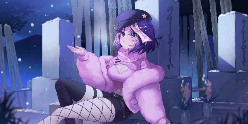 1girl belt black_hat black_shorts black_thighhighs blue_hair blush breasts cleavage cleavage_cutout clothing_cutout commentary english_commentary feet_out_of_frame fishnet_thighhighs fishnets game_cg grass graveyard hat hat_ornament highres jiangshi medium_breasts midriff mismatched_thighhighs miyako_yoshika miyako_yoshika_(a_locked_door_won&#039;t_stop_me!) navel newsboy_cap official_art ofuda open_mouth outdoors pink_sweater purple_hair saiki_komari short_hair shorts single_thighhigh sitting snowing solo star_(symbol) star_hat_ornament sweater thighhighs third-party_source tombstone touhou touhou_lostword