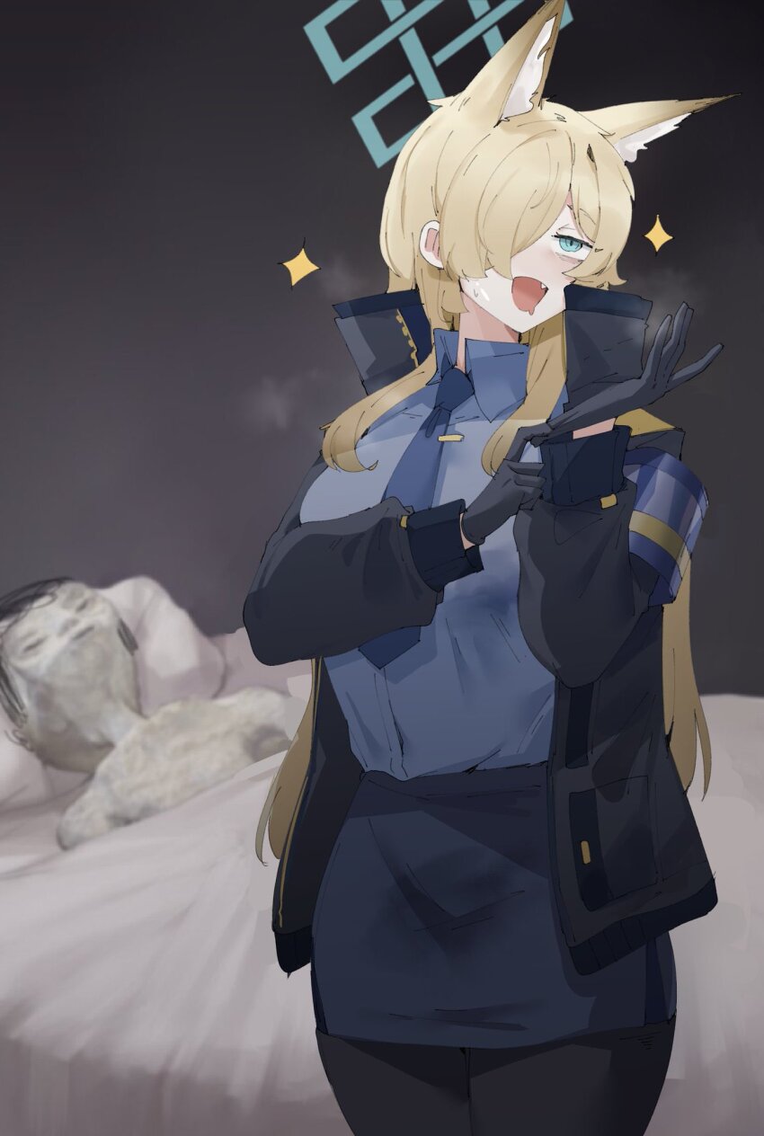 1boy 1girl :d adjusting_clothes adjusting_gloves animal_ear_fluff animal_ears black_gloves black_jacket black_pantyhose blonde_hair blue_archive blue_halo blue_necktie blue_shirt blue_skirt blush commentary_request dog_ears dog_girl doodle_sensei_(blue_archive) drooling fang fog gloves gurenola guy_tired_after_sex_(meme) hair_over_one_eye half-closed_eyes halo heavy_breathing highres jacket kanna_(blue_archive) long_hair lying meme mexico_ufo_alien_bodies_hearing_(meme) mouth_drool necktie on_bed open_clothes open_jacket open_mouth pantyhose pencil_skirt pillow pointy_ears redrawn sailor_collar sensei_(blue_archive) shirt shirt_tucked_in skirt small_sweatdrop smile sparkle sparkling_aura