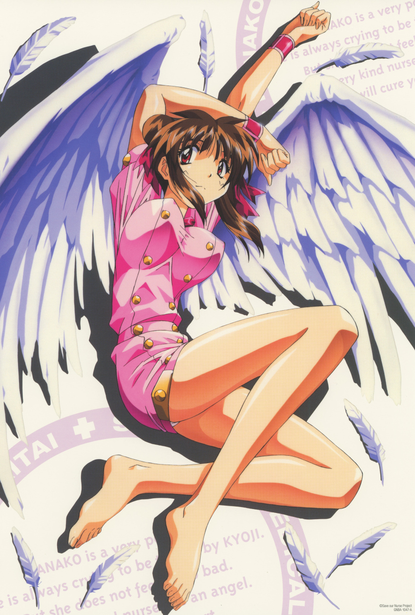 1990s_(style) 1girl absurdres arms_up bare_legs barefoot breasts brown_hair copyright_notice covered_erect_nipples double_bun drop_shadow feathered_wings feathers feet hair_bun highres large_breasts looking_at_viewer medium_hair nanako_kaitai_shinsho non-web_source official_art panties pantyshot red_eyes retro_artstyle scan shichigusa_nanako short_sleeves solo text_background underwear white_wings wings wristband yamashita_toshinari