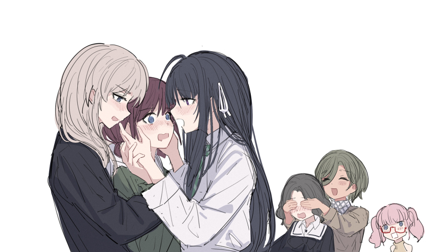 6+girls @_@ ahoge awa_subaru black_hair blonde_hair blue_eyes blush closed_eyes covering_another&#039;s_eyes ebizuka_tomo girls_band_cry glasses green_hair hands_on_another&#039;s_face highres hina_(girls_band_cry) iseri_nina kawaragi_momoka long_hair multiple_girls necktie open_mouth pink_hair purple_eyes red-framed_eyewear red_hair rupa_(girls_band_cry) school_uniform simple_background smile togenashi_togeari twintails white_background yun_cao_bing yuri
