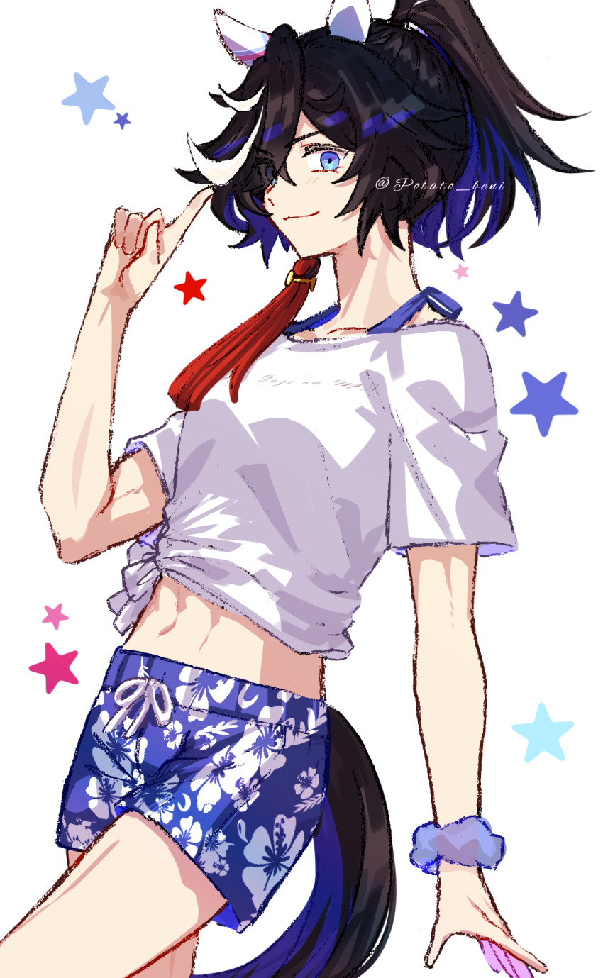 1girl animal_ears black_hair blue_shorts breasts commentary_request cowboy_shot ear_covers eyes_visible_through_hair floral_print gaze_on_me!_outfit_(umamusume) hair_between_eyes hair_ornament highres horse_ears horse_girl horse_tail index_finger_raised jagaimobeniko katsuragi_ace_(umamusume) medium_hair midriff multicolored_hair navel ponytail revision shirt short_sleeves shorts simple_background small_breasts smile solo star_(symbol) streaked_hair tail tassel tassel_hair_ornament tied_shirt twitter_username umamusume white_background white_hair white_shirt