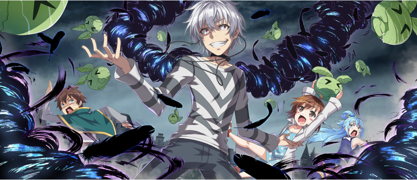 2boys 2girls :d accelerator_(toaru_majutsu_no_index) ahoge albino aqua_(konosuba) asymmetrical_bangs black_choker black_feathers blue_dress blue_eyes blue_hair blue_shirt blue_skirt blush_stickers brown_eyes brown_hair cabbage cabbage_(konosuba) cape child choker coat collarbone creature crossover crying_aqua_(meme) denim diagonal-striped_shirt dress electrodes evil_grin evil_smile falling_feathers feathers fleeing from_below game_cg green_cape green_eyes grey_hair grey_pants grey_shirt grin hair_between_eyes hair_rings hands_up highres holding holding_creature jeans jumping kono_subarashii_sekai_ni_shukufuku_wo! konosuba!_fantastic_days last_order_(toaru_majutsu_no_index) long_hair long_sleeves looking_ahead looking_back meme miniskirt multiple_boys multiple_girls official_art open_clothes open_coat open_mouth outdoors overcast pale_skin pants polka_dot polka_dot_dress red_eyes sandals satou_kazuma shaded_face shirt short_dress short_hair sidelocks single_hair_ring skirt sky sleeveless sleeveless_shirt smile standing sundress toaru_kagaku_no_railgun toaru_majutsu_no_index two-tone_shirt v-neck white_coat white_shirt