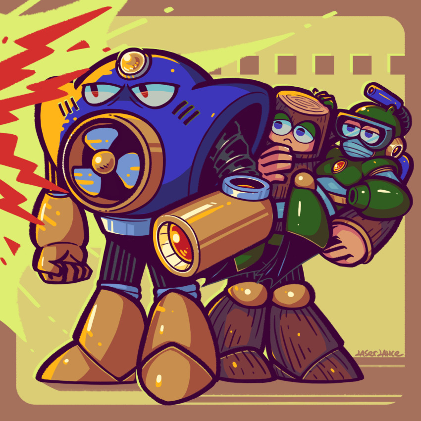 3boys air_man blue_eyes bubble_man closed_mouth explosion frown goggles highres humanoid_robot laser-lance mega_man_(classic) mega_man_(series) mega_man_2 multiple_boys red_eyes robot wood_man