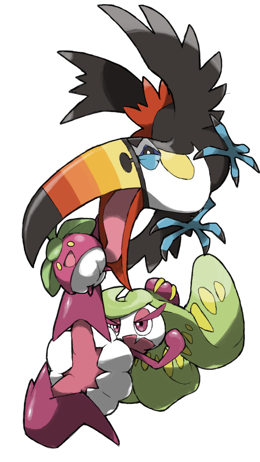:d bird blacknirrow bounsweet colored_eyelashes game_freak gen_7_pokemon highres nintendo no_humans open_mouth pink_eyes pokemon pokemon_(creature) simple_background smile toucannon tsareena white_background yellow_eyes