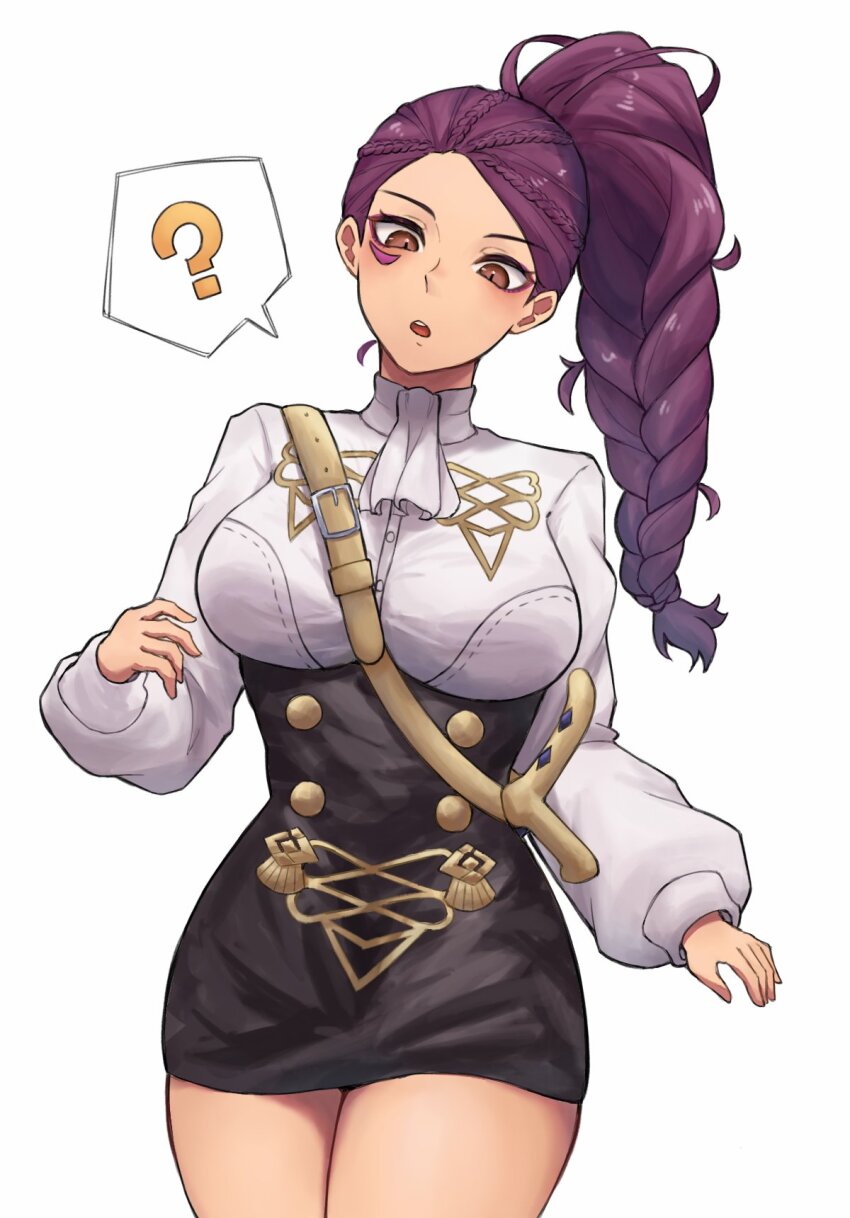 1girl ? blush braid breasts brown_eyes dark-skinned_female dark_skin facial_mark fire_emblem fire_emblem:_three_houses garreg_mach_monastery_uniform highres kashiwa_e3 large_breasts long_hair long_sleeves looking_at_viewer nintendo open_mouth petra_macneary ponytail purple_hair simple_background skindentation solo spoken_question_mark thick_thighs thighs
