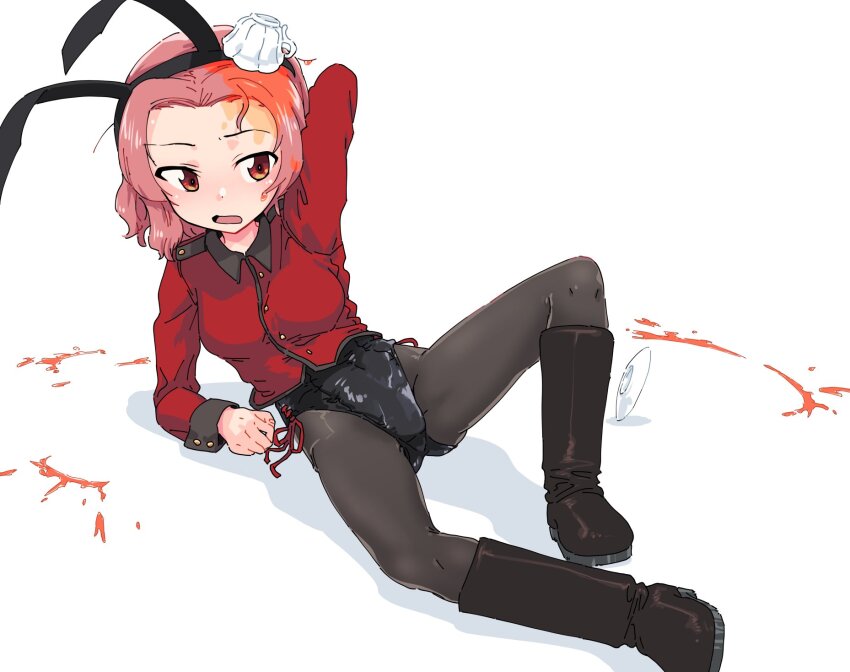 1girl animal_ears black_leotard black_pantyhose blush breasts covered_navel cup fake_animal_ears girls_und_panzer highres leotard medium_breasts military_uniform monolith_(suibou_souko) open_mouth orange_eyes pantyhose pink_hair playboy_bunny rabbit_ears rosehip_(girls_und_panzer) short_hair simple_background solo spill st._gloriana&#039;s_military_uniform teacup white_background