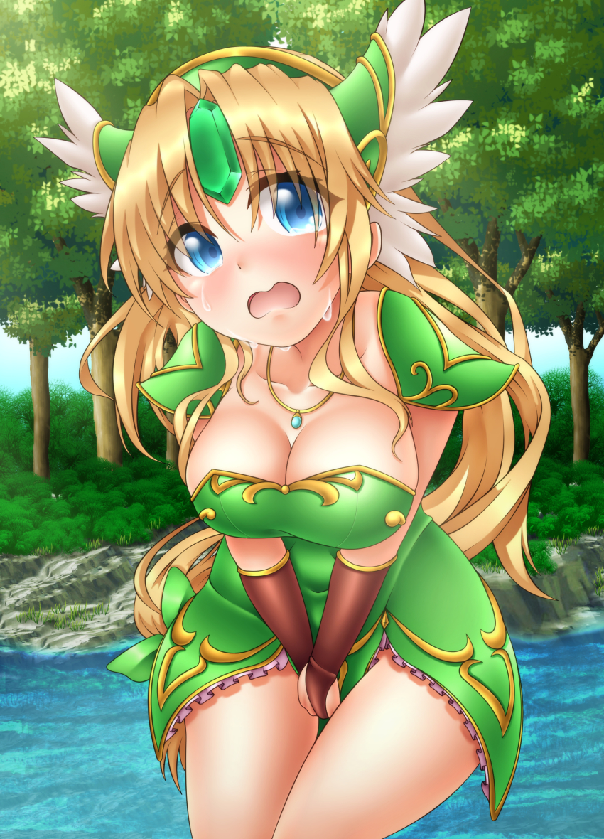 1girl absurdres armor between_legs blonde_hair blue_eyes blush breasts bridal_gauntlets brown_gloves bush cleavage collarbone covered_navel cowboy_shot crying day dress elbow_gloves embarrassed female_focus forehead_jewel gloves green_dress hand_between_legs have_to_pee headgear helmet highres jewelry large_breasts leaning_forward long_hair looking_at_viewer necklace oooqqq open_mouth outdoors own_hands_together pauldrons riesz river seiken_densetsu seiken_densetsu_3 shoulder_armor solo standing strapless strapless_dress tears tree v_arms water winged_helmet